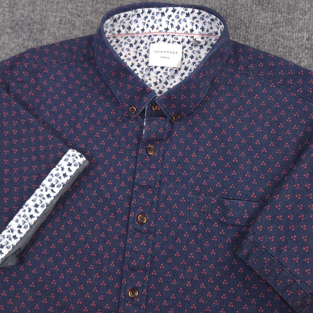 7 Diamonds Stretch Shirt Mens XL Blue Red Geometric AOP Flip Cuff Short Sleeve